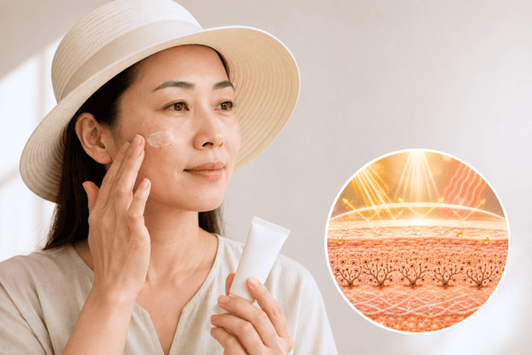 Woman applying sunscreen with an illustration of protection against light and heat triggers associated with melasma recurrence