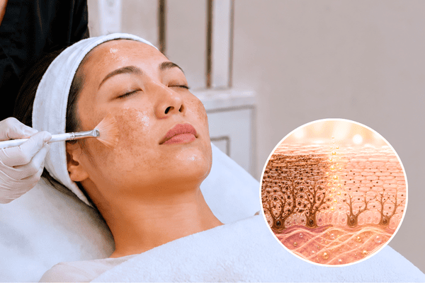 Professional depigmenting chemical peel with an illustration of regulated melanin production in melasma-prone skin