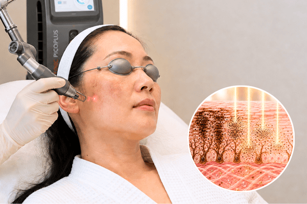Picosecond laser treatment with an illustration of accumulated melanin breaking into smaller pigment particles