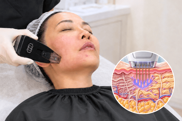 Morpheus8 treatment for Ozempic face with a circular illustration showing radiofrequency microneedling and collagen remodelling.