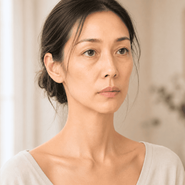 Asian woman in her late 30s with moderate temple and cheek hollowing associated with Ozempic face