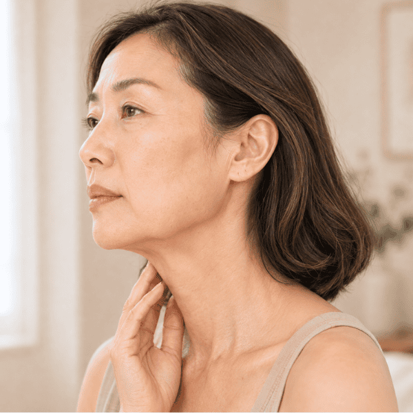 Three-quarter view of an Asian woman with lower-cheek sagging, a softened jawline and moderate jowls