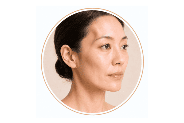 Asian woman with visible temple hollowing following significant weight loss