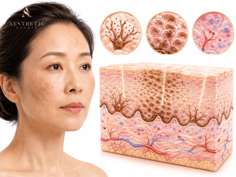Asian woman with melasma and a medical illustration showing pigment activity beneath the skin