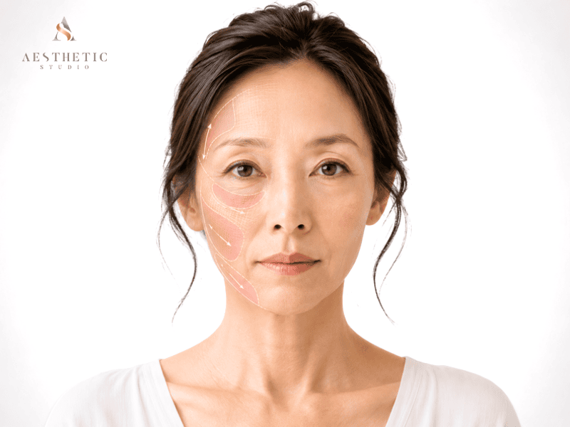 Split-face comparison showing natural facial volume and changes commonly associated with Ozempic face
