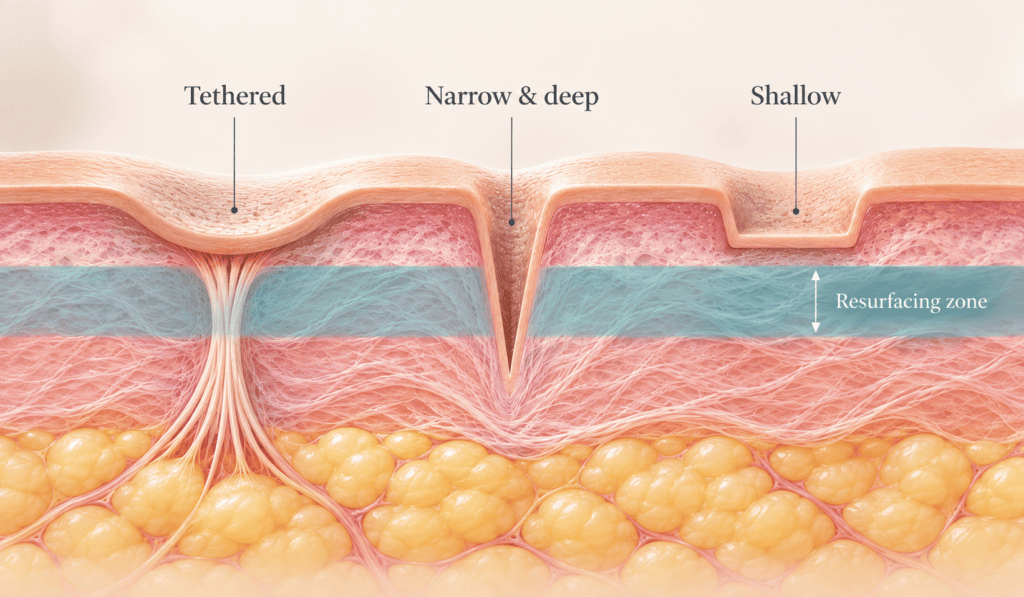 Skin cross-section comparing a tethered scar, a narrow deep scar and a shallow scar with the depth reached by laser resurfacing