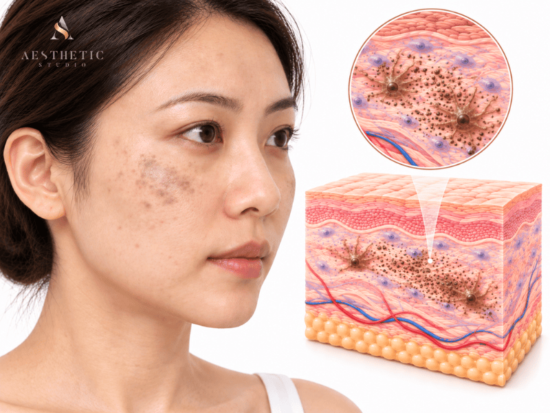 Hori’s naevus on the cheek with illustration showing pigment cells in the dermis