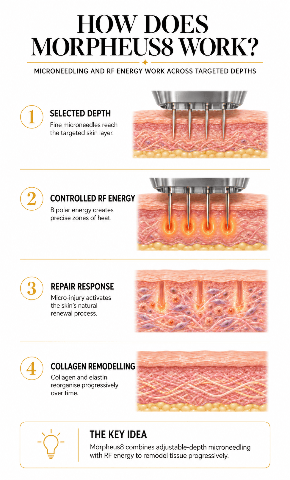 Infographic explaining how Morpheus8 delivers RF energy through microneedles to support collagen remodelling