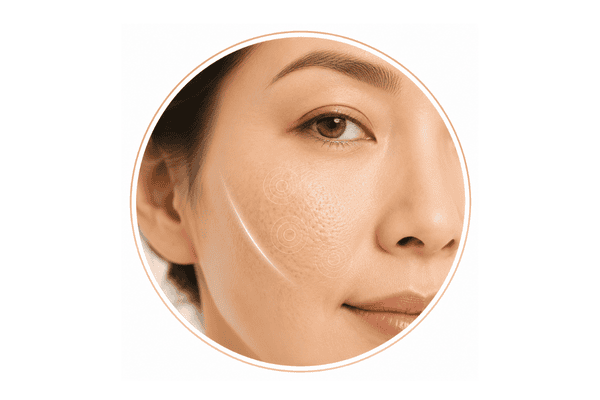 Asian woman’s cheek with enlarged pores highlighted by delicate concentric rings
