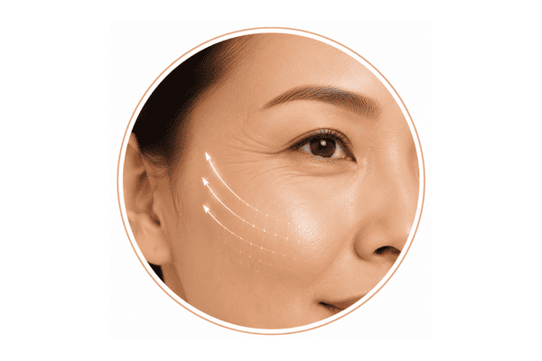 Asian woman’s outer eye with fine lines and upward collagen-support arrows