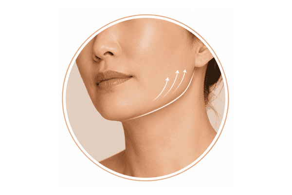 Asian woman’s lower face and jawline with upward contouring arrows