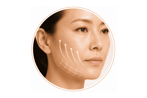 Asian woman’s cheek and lower face with upward firming arrows and support lines