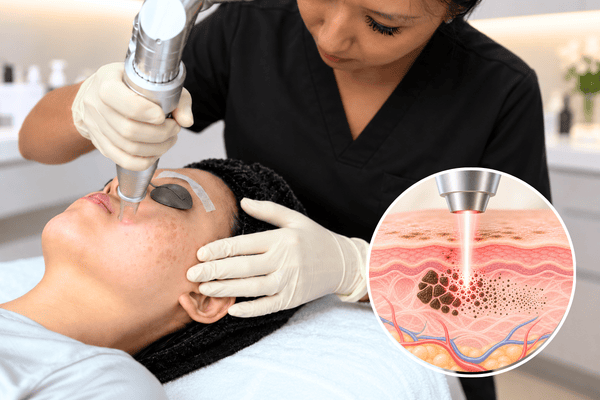 Picosecond laser treatment for facial pigmentation with illustration showing laser energy fragmenting melanin in the skin