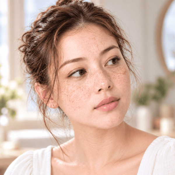 Woman with freckles showing small light-brown spots across the cheeks and nose