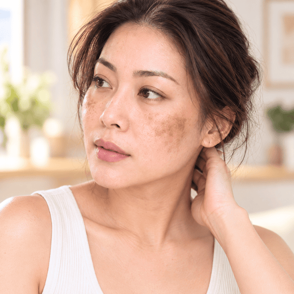 Asian woman with melasma showing symmetrical brown pigmentation across both cheeks