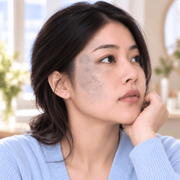 Asian woman with naevus of Ota showing blue-grey pigmentation on one side of the face