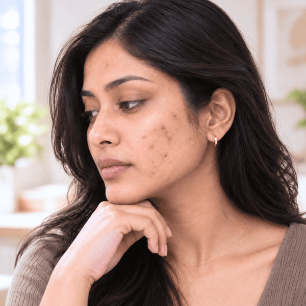 South Asian woman with post-inflammatory hyperpigmentation showing scattered dark spots on the cheek