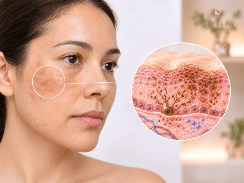 Facial pigmentation with skin cross-section showing melanocytes and melanin at different skin depths