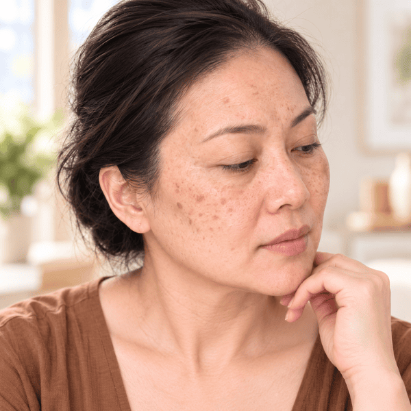 Asian woman with sun spots and age spots showing flat brown pigmentation on the face