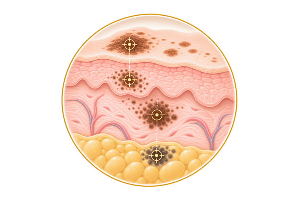 Skin cross-section showing pigmentation at different depths being mapped before treatment