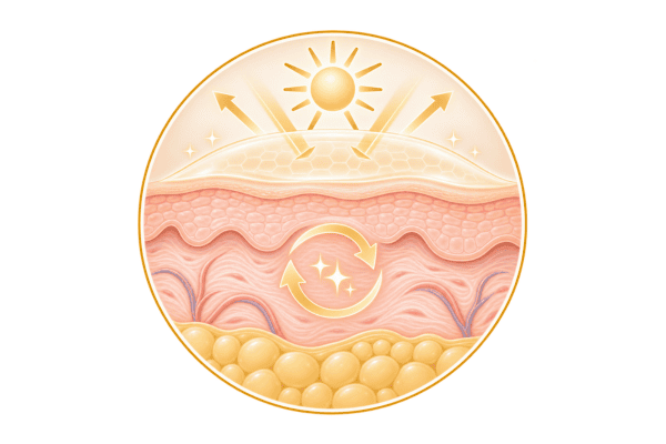 Skin protected from sunlight with maintenance arrows representing long-term pigmentation care