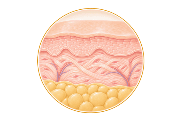 Skin cross-section showing collagen fibres and healthier surrounding skin structure