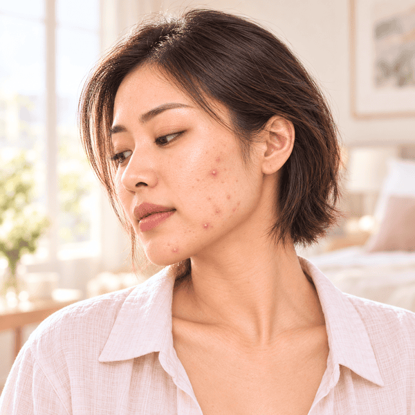 Asian woman with active acne on her cheek and chin