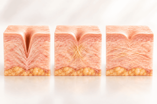 Collagen remodelling gradually softening an ice pick acne scar
