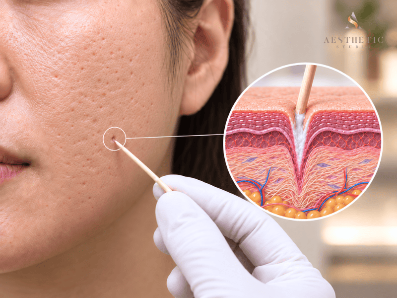 TCA Cross applied precisely to ice pick acne scars with a skin cross-section