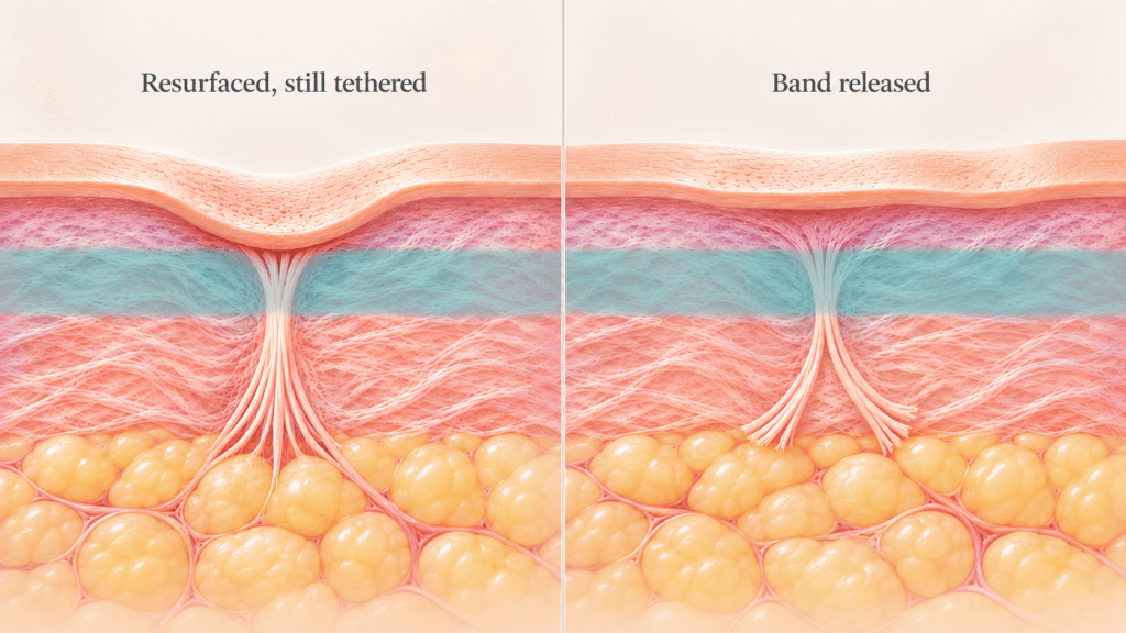 Illustration of a tethered acne scar with its surface resurfaced while the band holding it down remains, compared with the band released