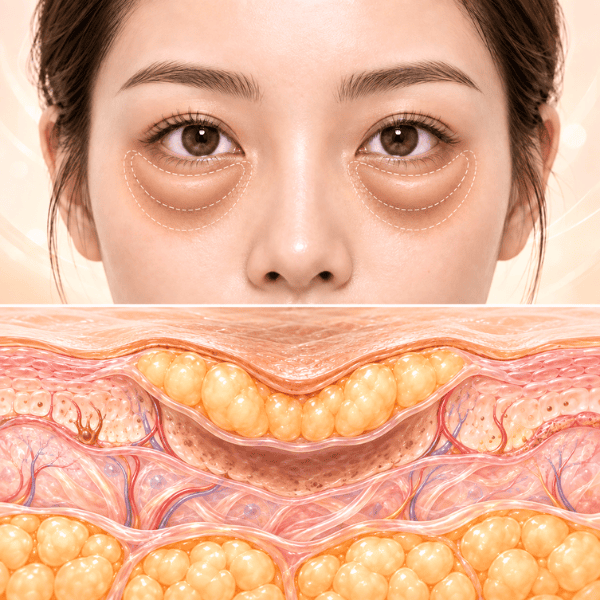 Under-eye bags and puffiness highlighted as part of a dark eye circles assessment, with anatomical illustration showing lower-eyelid bulging