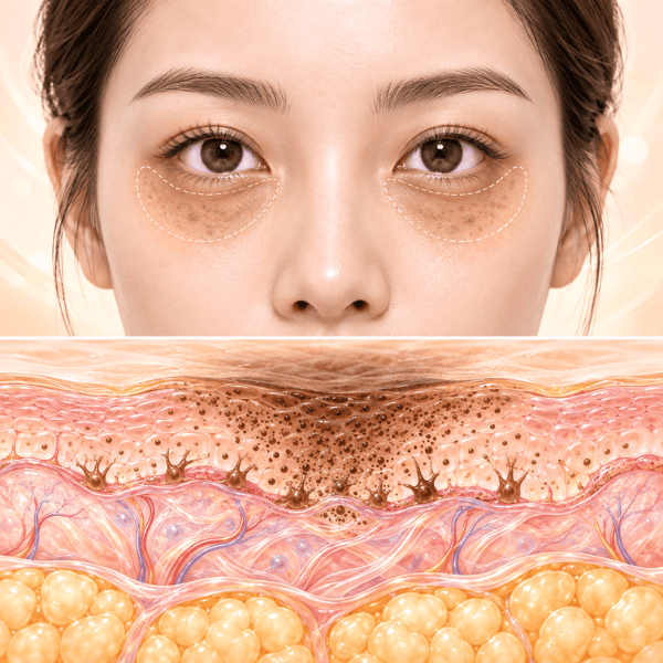 Under-eye pigmentation highlighted as part of a dark eye circles assessment, with medical illustration showing melanin within the skin