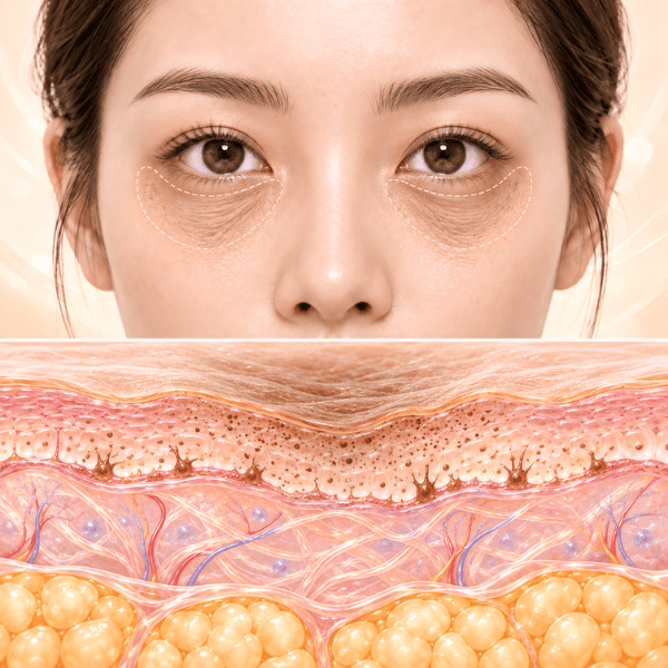 Thin crepey under-eye skin highlighted as part of a dark eye circles assessment, with illustration showing reduced skin support