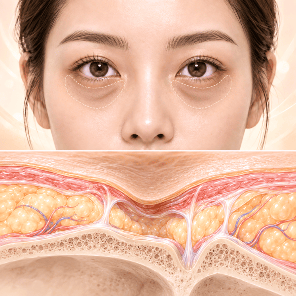 Tear trough hollowness and shadow highlighted as part of a dark eye circles assessment, with anatomical illustration of under-eye structure