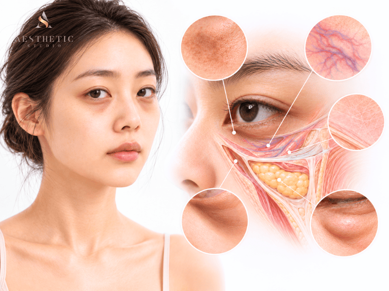 Introductory image showing dark eye circles and the different factors that can contribute, including pigmentation, visible vessels, thin skin, tear trough hollowness and eye bags
