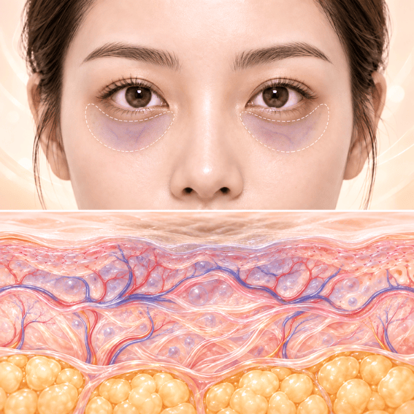 Blue-purple under-eye vascularity highlighted as part of a dark eye circles assessment, with illustration showing superficial vessels beneath thin skin