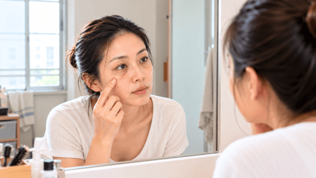 Woman checking the dark circles under her eyes in a bathroom mirror in natural light