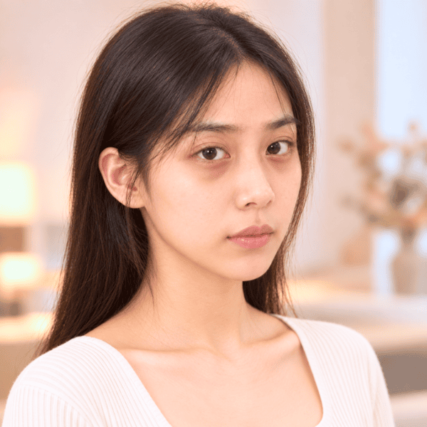 Young East Asian woman showing visible darkness beneath the eyes