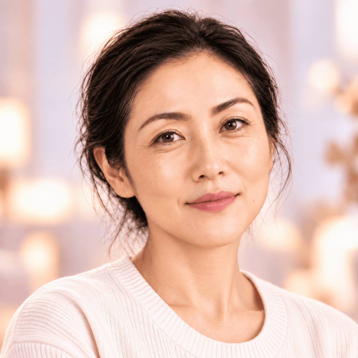 Mature East Asian woman with fine lines and crow's feet around the eyes