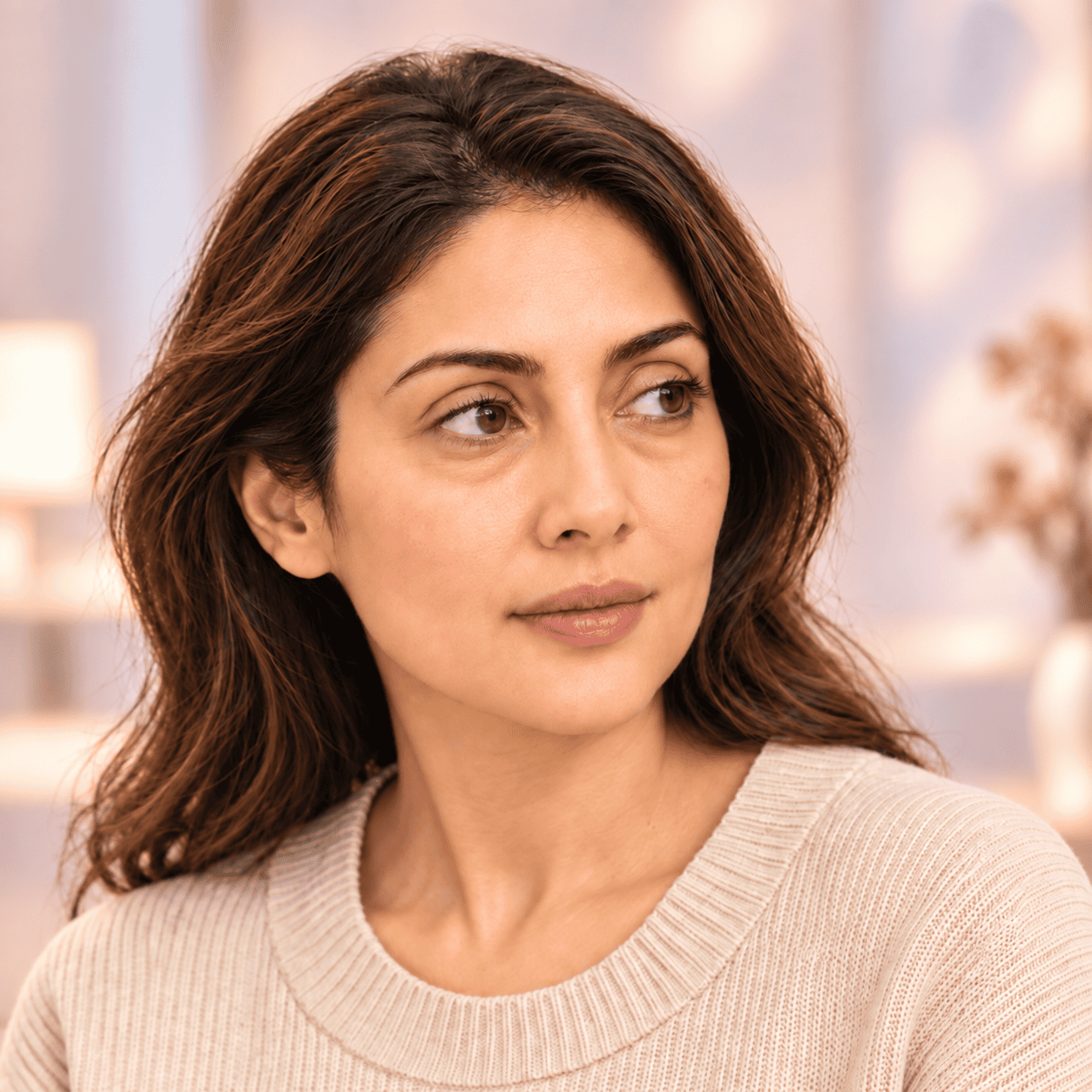 Woman with visible under-eye hollowness and tear trough shadowing