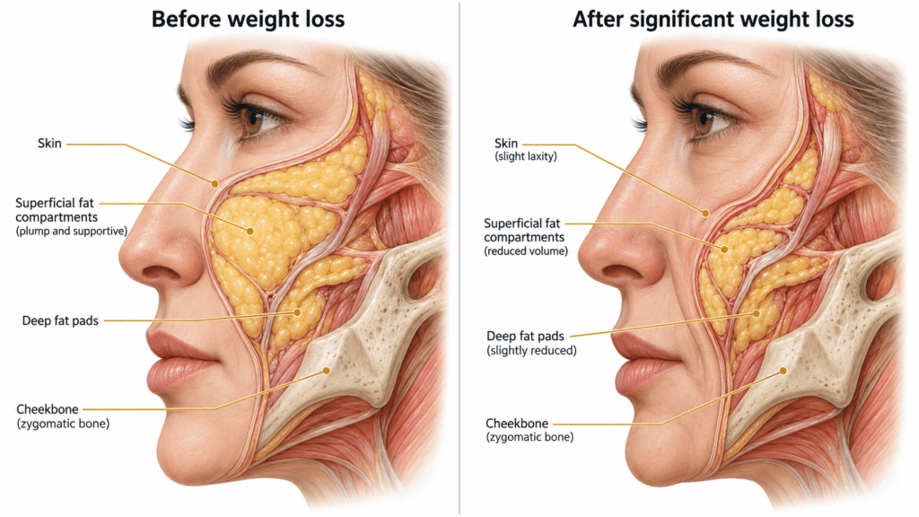 Midface cross-section comparing skin, superficial fat and deep fat before and after significant weight loss