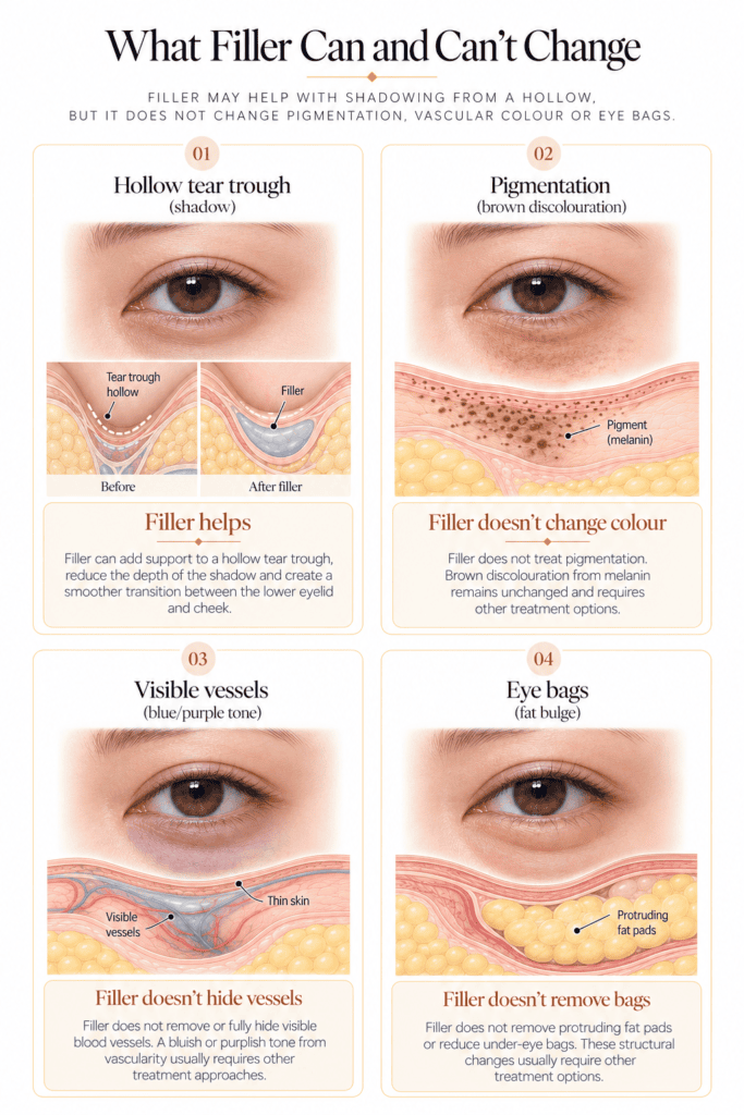 Diagram of under-eye cross-sections showing filler softening a shadow from a hollow but not changing pigment, visible vessels or an eye bag