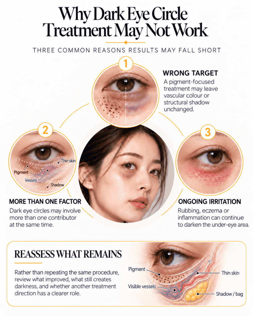 Infographic showing three reasons dark eye circle treatment may not work, including wrong target, more than one factor, and ongoing irritation, with a reassessment panel below